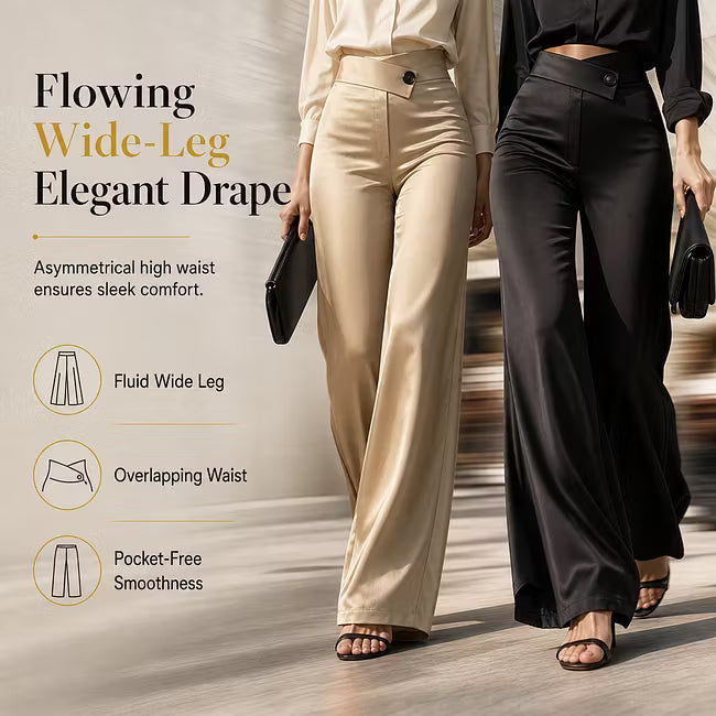 Women's Asymmetric Waist Satin-Look Wide-Leg Trousers