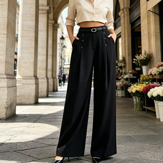 Women's High-Waisted Button Detail Wide-Leg Trousers