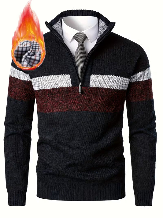 Men's Fleece-Lined Colour Block Quarter-Zip Jumper