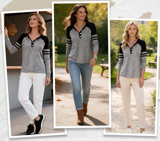 Women's Raglan Sleeve Button Neck Knit Jumper