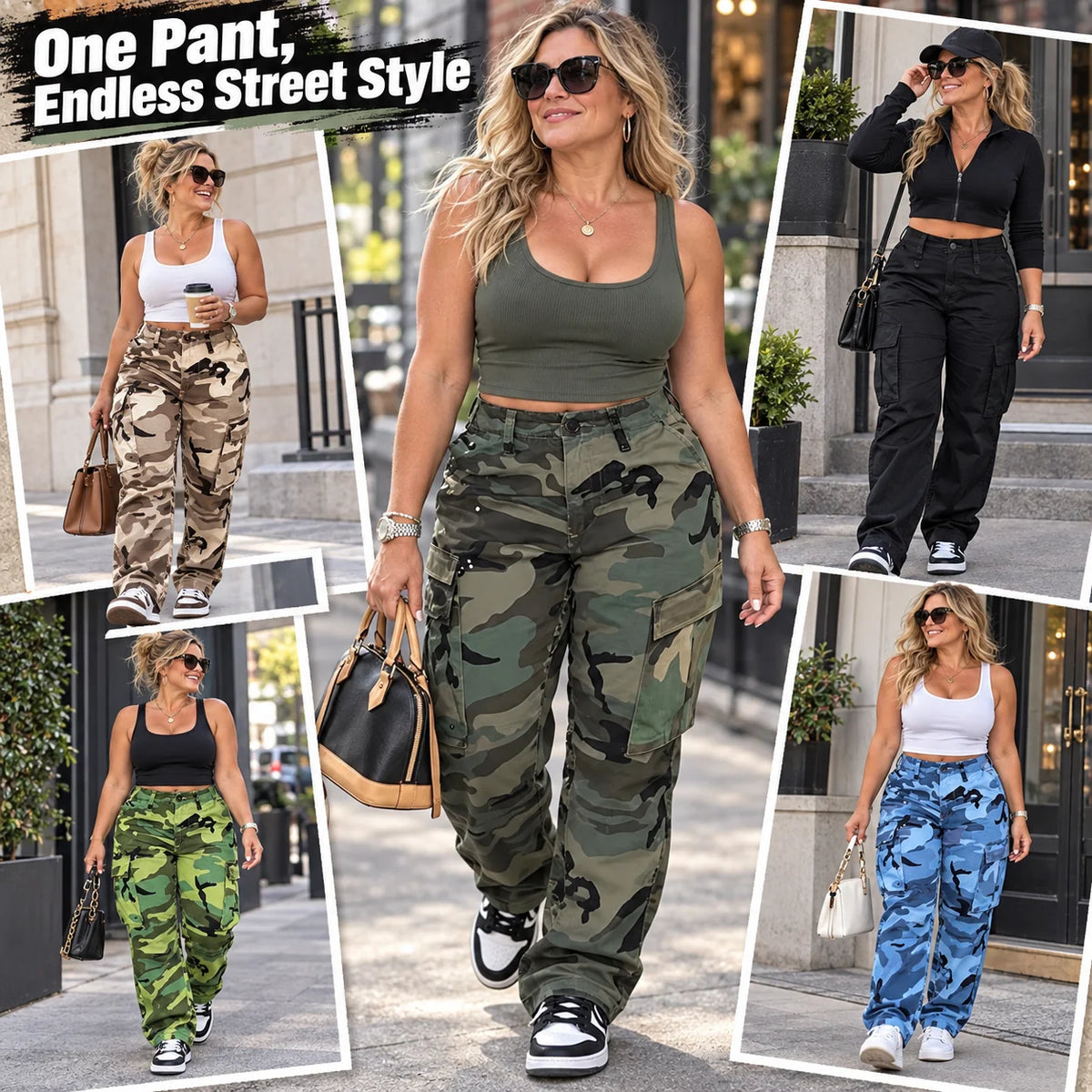 Women's High-Waisted Camouflage Cargo Trousers