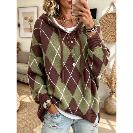 Women's Argyle Knit Hooded Jumper