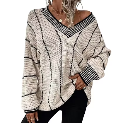 Women's Relaxed Striped V Neck Jumper