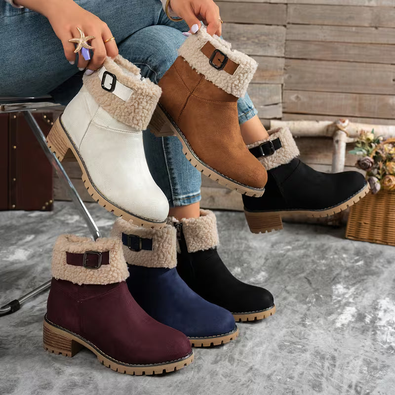 Women's Plush Cuff Block Heel Ankle Boots