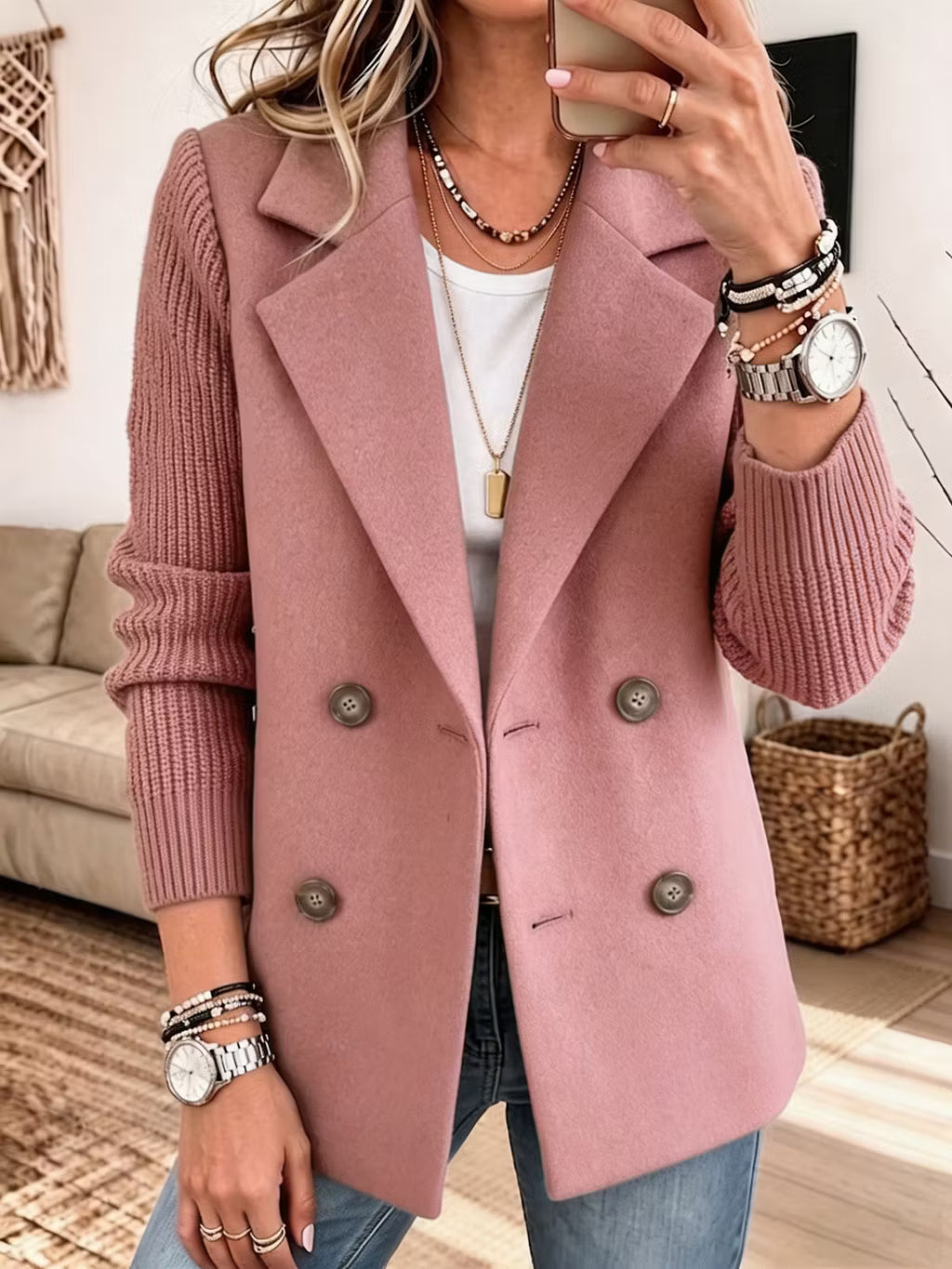 Women's Knit Sleeve Double-Breasted Blazer