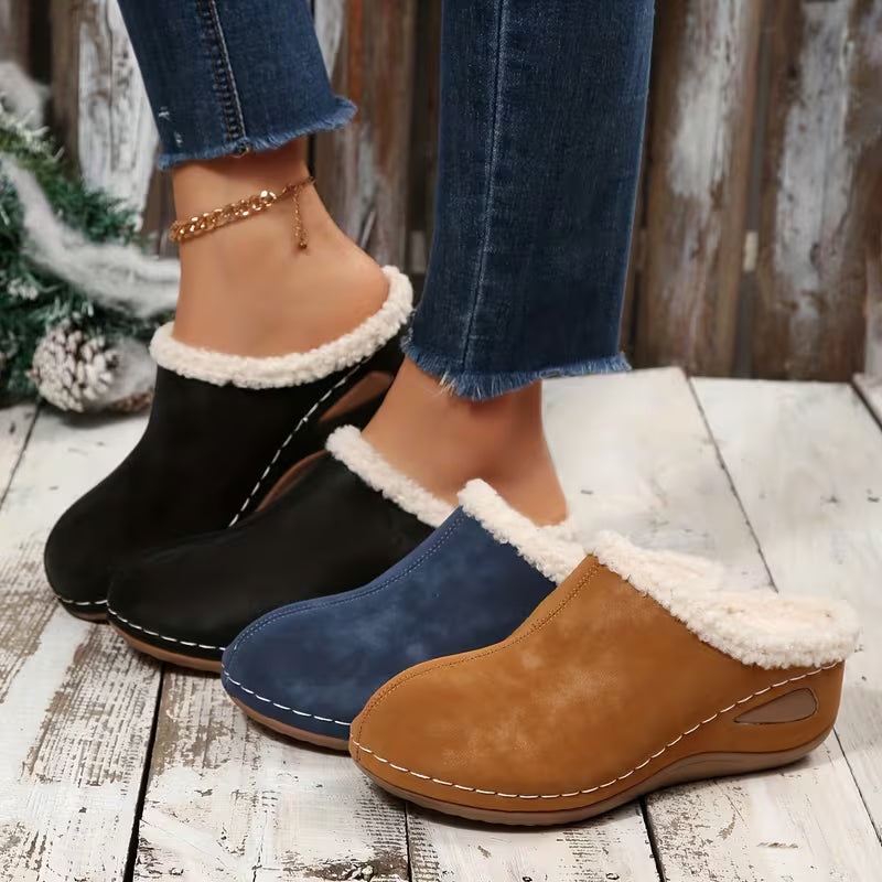 Women's Plush Trim Wedge Slippers