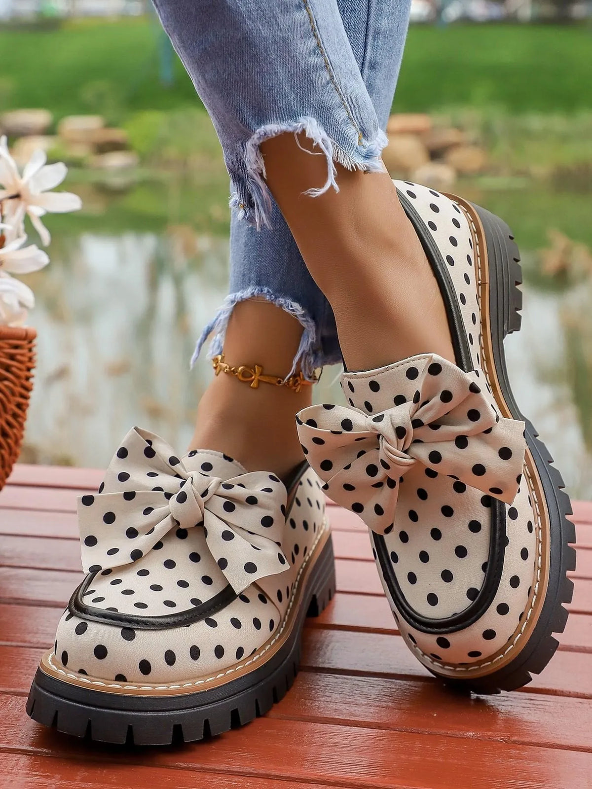 Women's Polka Dot Bow Platform Loafers