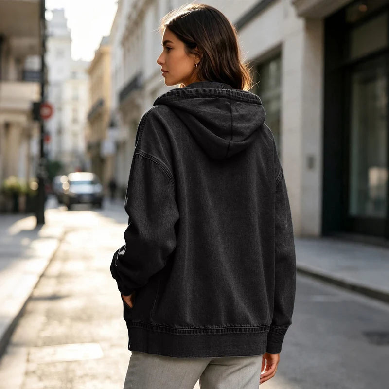 Women's Relaxed Zip-Up Denim Hooded Jacket