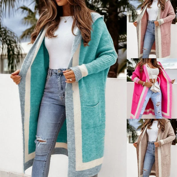 Women's Contrast Hood Long Knit Cardigan