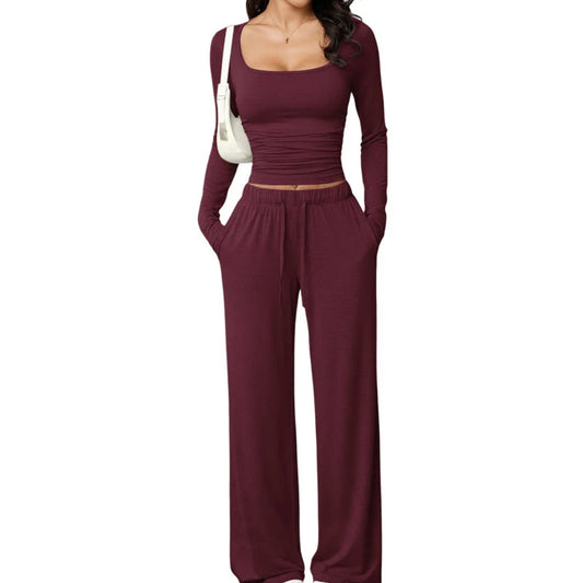 Women's Square Neck Top & Wide-Leg Trouser Set