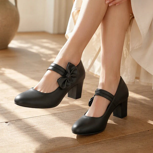 Women's Bow Strap Chunky Heel Mary Jane Shoes