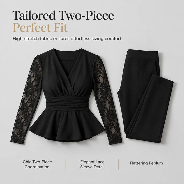Women's Elegant Lace Sleeve Two-Piece Trouser Set
