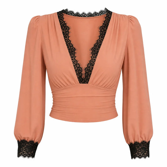 Women's Deep V-Neck Lace Sleeve Top
