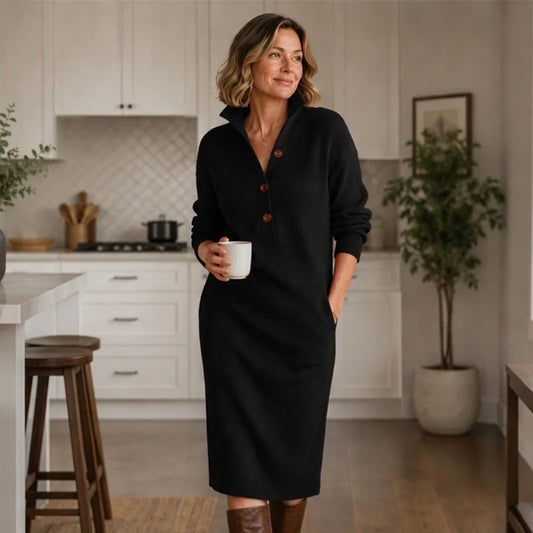 Women's Button-Neck Knitted Midi Dress
