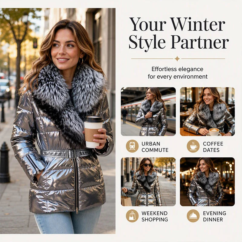 Women's Faux Fur Collar Belted Puffer Jacket