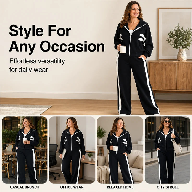 Women's Striped Zip-Up Jacket & Wide-Leg Trousers Set