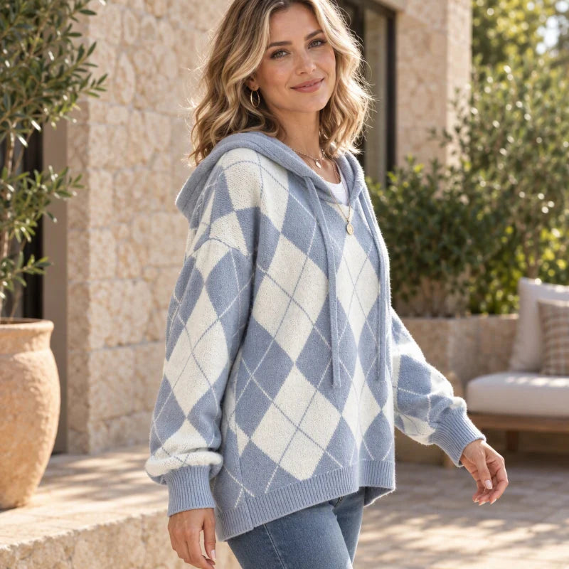 Women's Argyle Knit Hooded Jumper