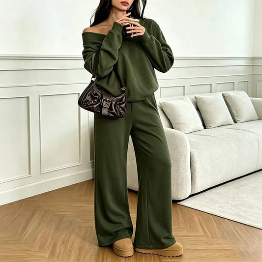 Women's Relaxed V-Neck Sweatshirt & Wide-Leg Trousers Set