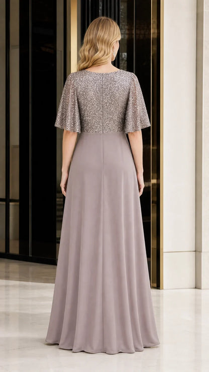 Women's Sequin Bodice Ruffle Sleeve Maxi Dress