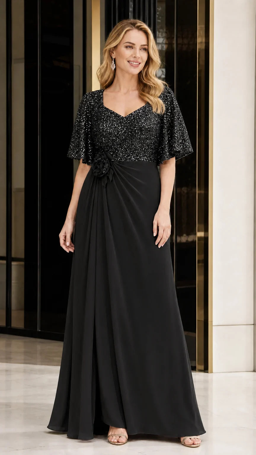 Women's Sequin Bodice Ruffle Sleeve Maxi Dress