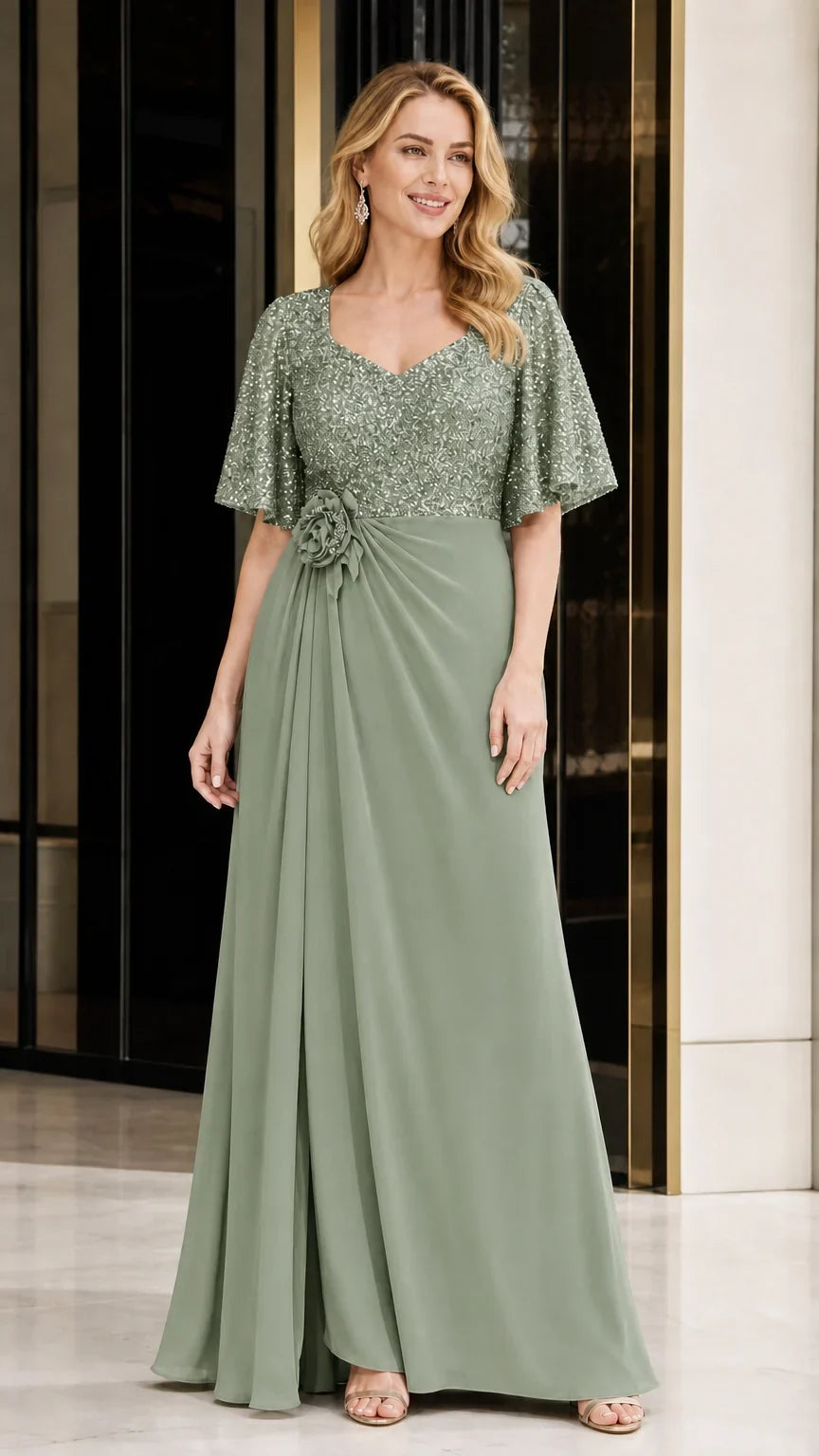 Women's Sequin Bodice Ruffle Sleeve Maxi Dress