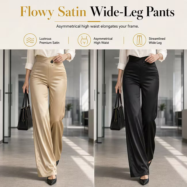 Women's Asymmetric Waist Satin-Look Wide-Leg Trousers