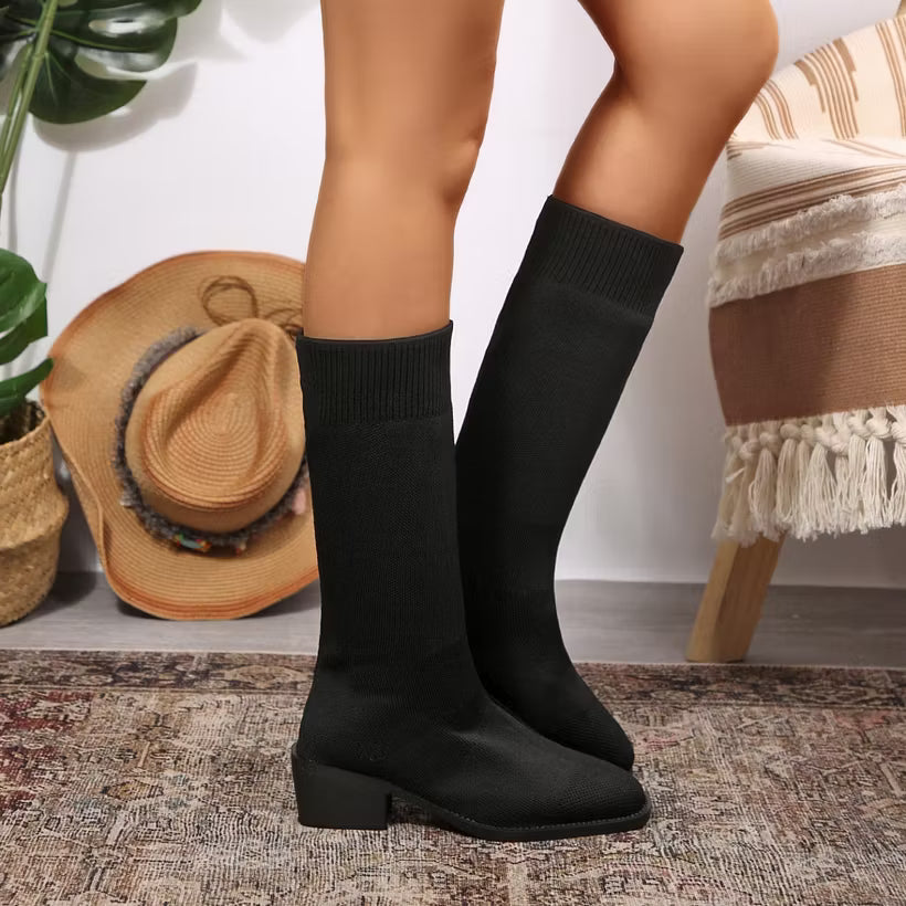 Women's Knitted Knee-High Block Heel Boots