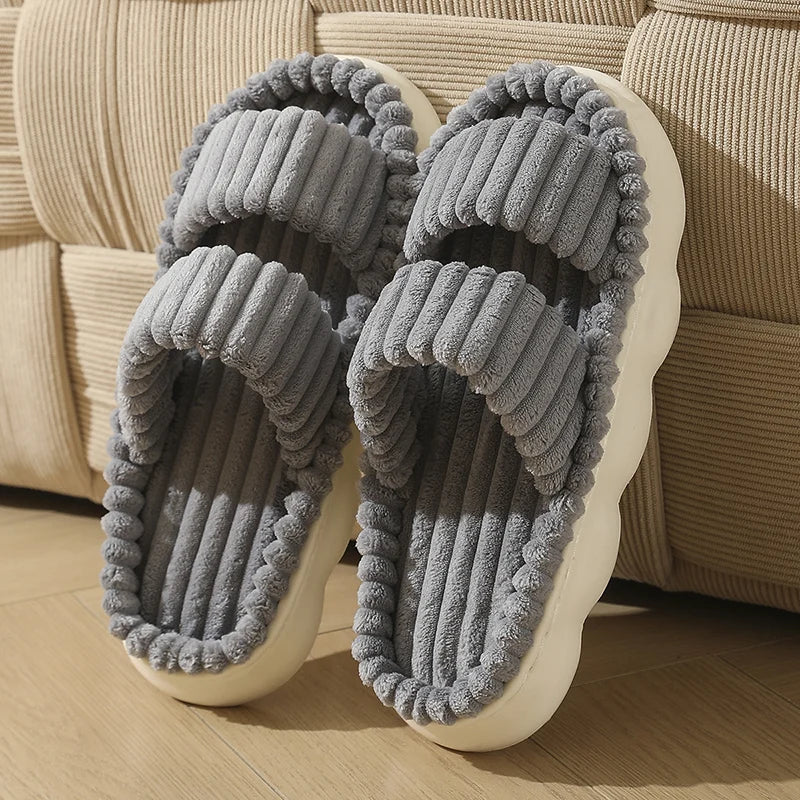 Women's Striped Plush Platform Slippers