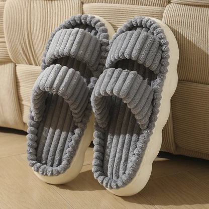 Women's Striped Plush Platform Slippers