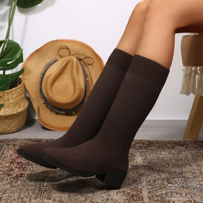 Women's Knitted Knee-High Block Heel Boots