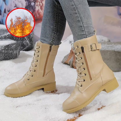 Women's Buckle Detail Lace-Up Mid-Calf Boots