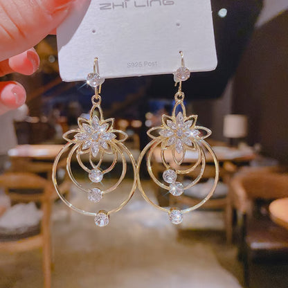 Women's Sparkling Floral Layered Drop Earrings