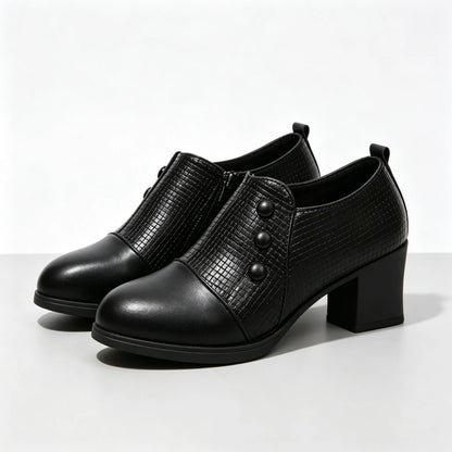 Women's Textured Button Chunky Heel Shoes