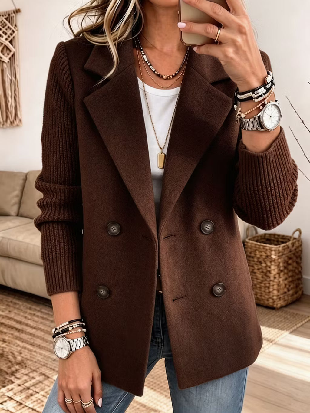 Women's Knit Sleeve Double-Breasted Blazer