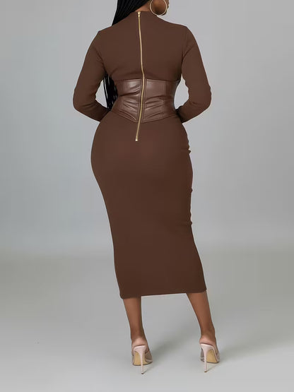 Women's Ribbed Corset-Detail Midi Dress