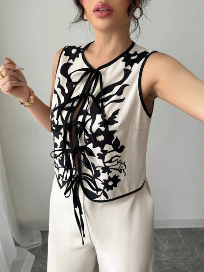 Tie-Front Printed Blouse & Pants Set