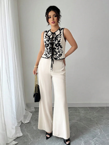 Tie-Front Printed Blouse & Pants Set