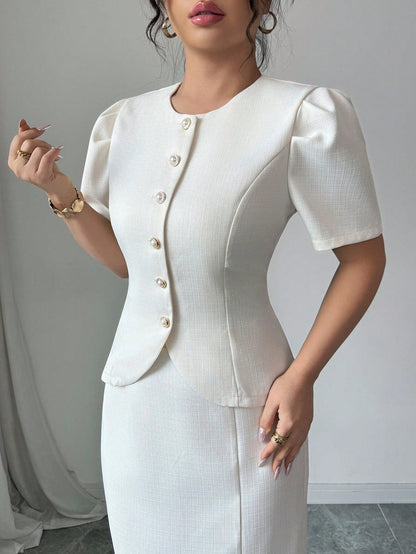 Elegant Apricot Wool Blazer & Skirt Set