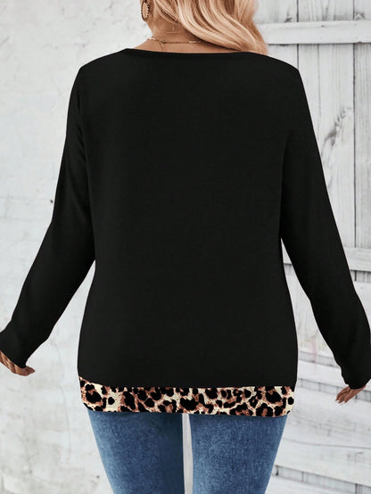 Women's Leopard Trim V-Neck Knit Top