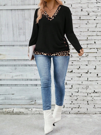 Women's Leopard Trim V-Neck Knit Top