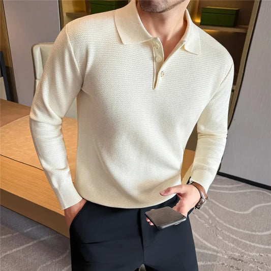 Men's Textured Polo Collar Knit Jumper