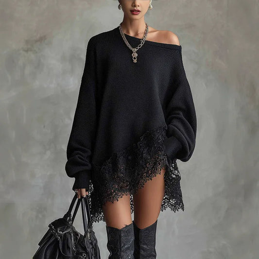 Women's Chic Off-Shoulder Lace Trim Jumper Dress