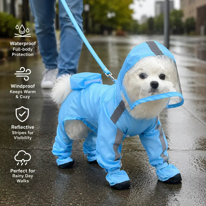 Full-Coverage Waterproof Dog Raincoat with Hood & Boots
