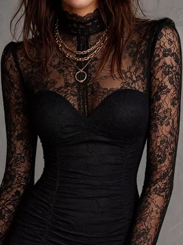Women's Elegant Lace Ruched Mini Dress