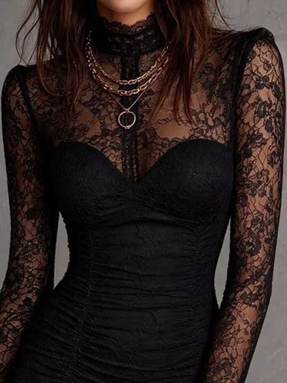 Women's Elegant Lace Ruched Mini Dress