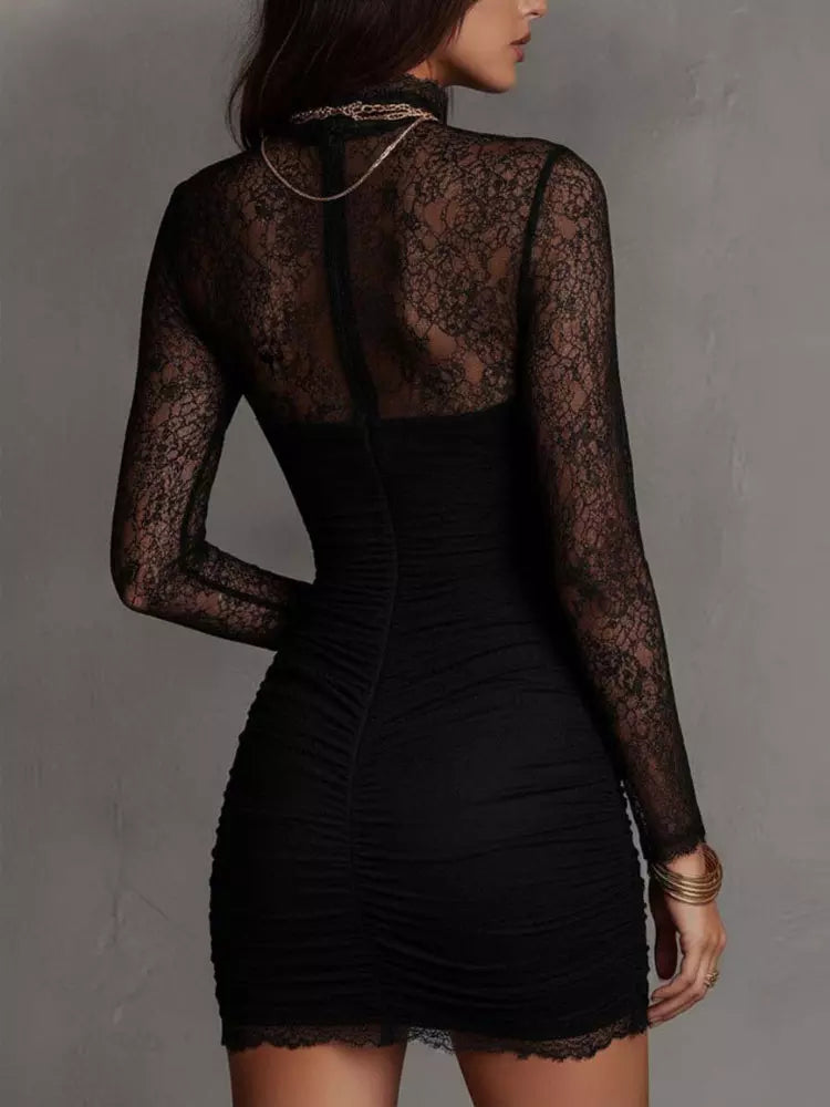 Women's Elegant Lace Ruched Mini Dress