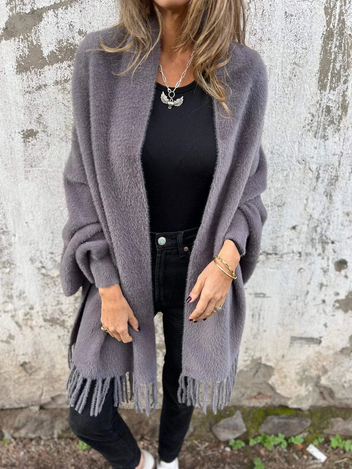 Women's long-sleeved coat with fringes, for everyday wear