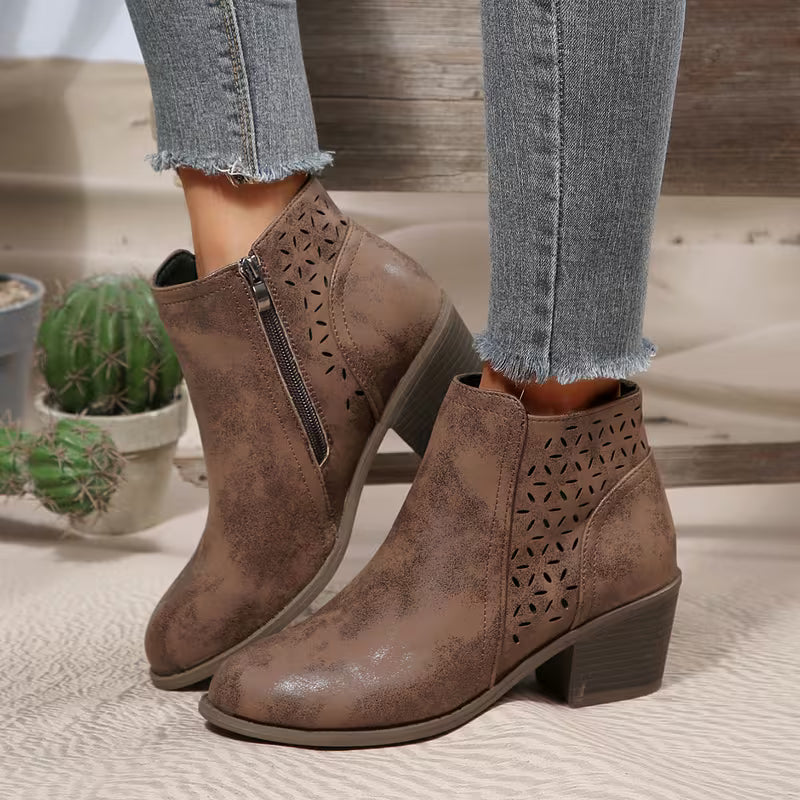 Women's Cut-Out Chunky Heel Ankle Boots