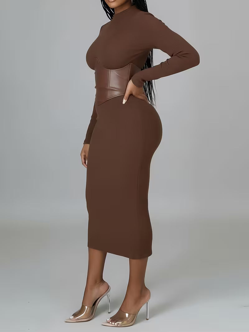 Women's Ribbed Corset-Detail Midi Dress