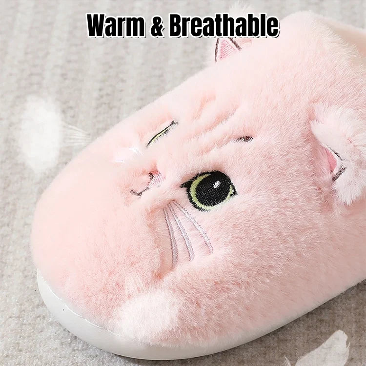 Women’s Cat Face Plush Fleece-Lined House Slippers